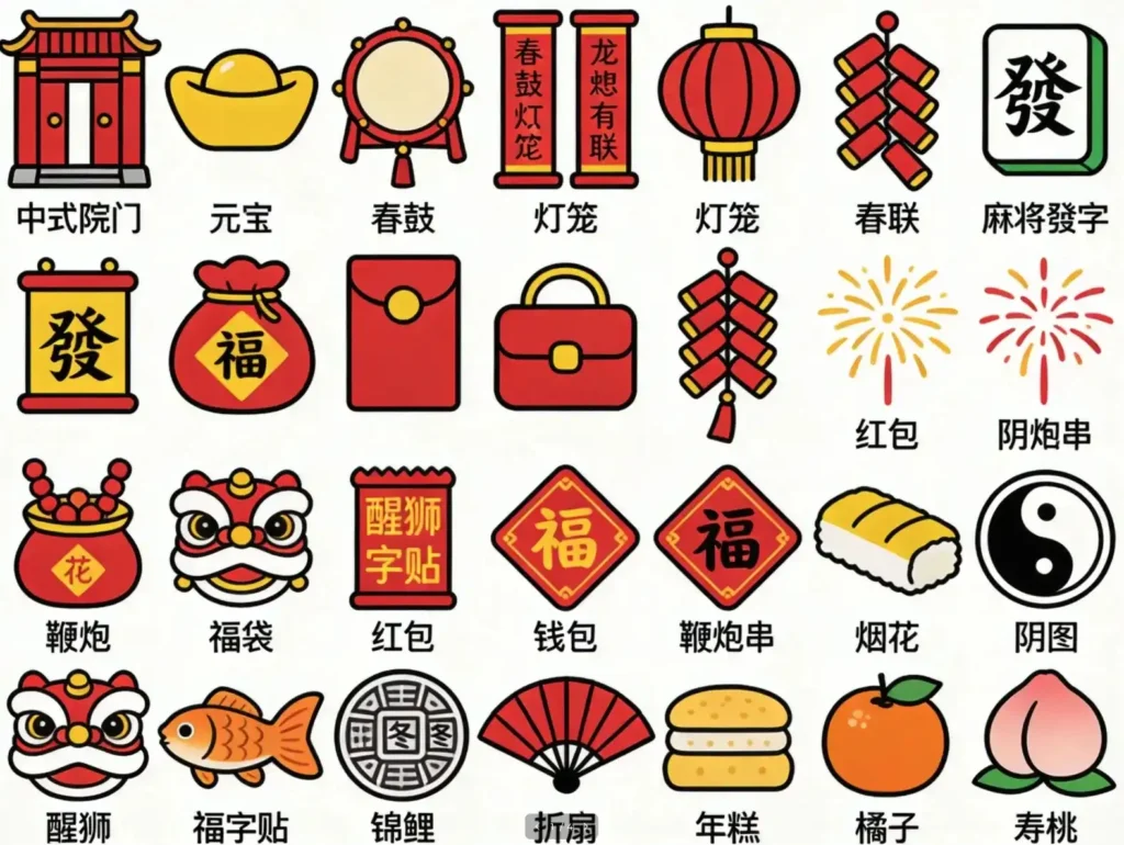 复古描边卡通风春节主题图标集制作