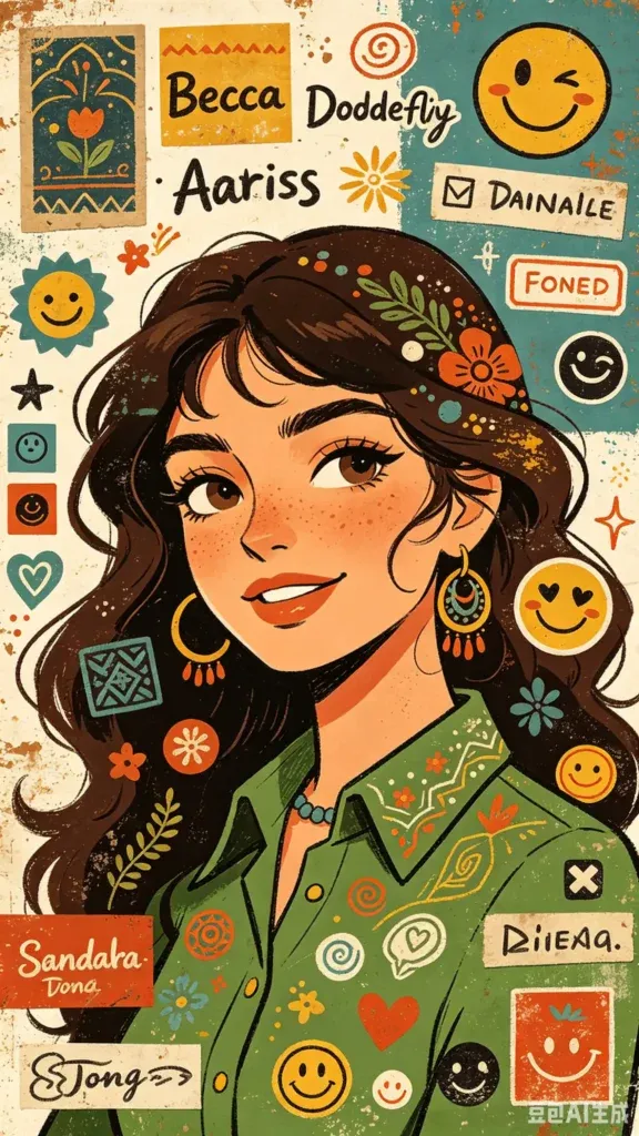 一位女士身着绿色衬衫的卡通插画