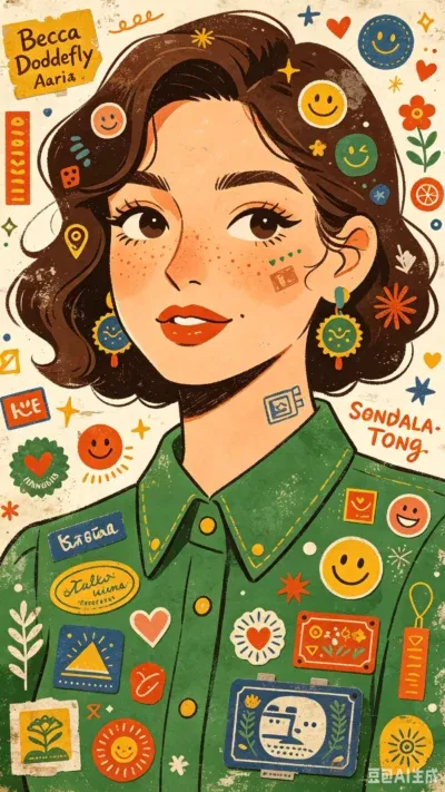 一位女士身着绿色衬衫的卡通插画